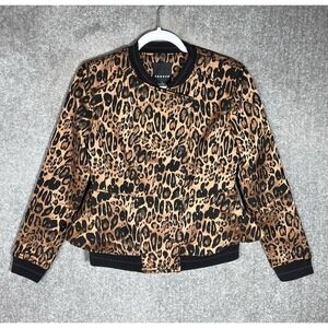Trouve Animal Print Jacket Womens Size Small Black Gold Stretch Peplum Zip Snap